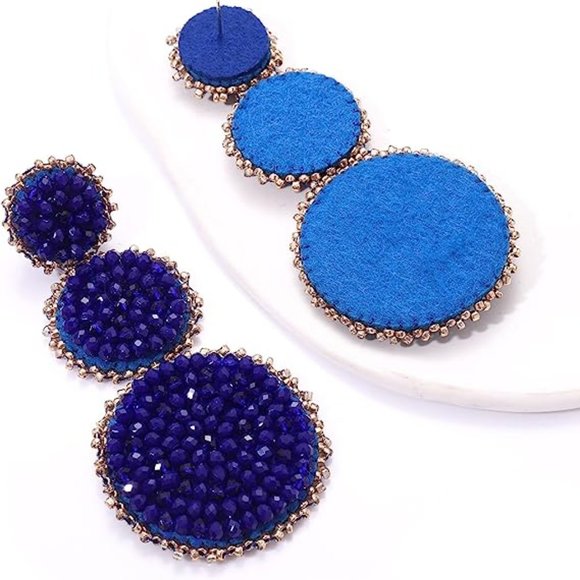 Cobalt Blue Beaded Triple Tier Earrings Bohemian Big Bold Boho Statement New - Picture 3 of 9
